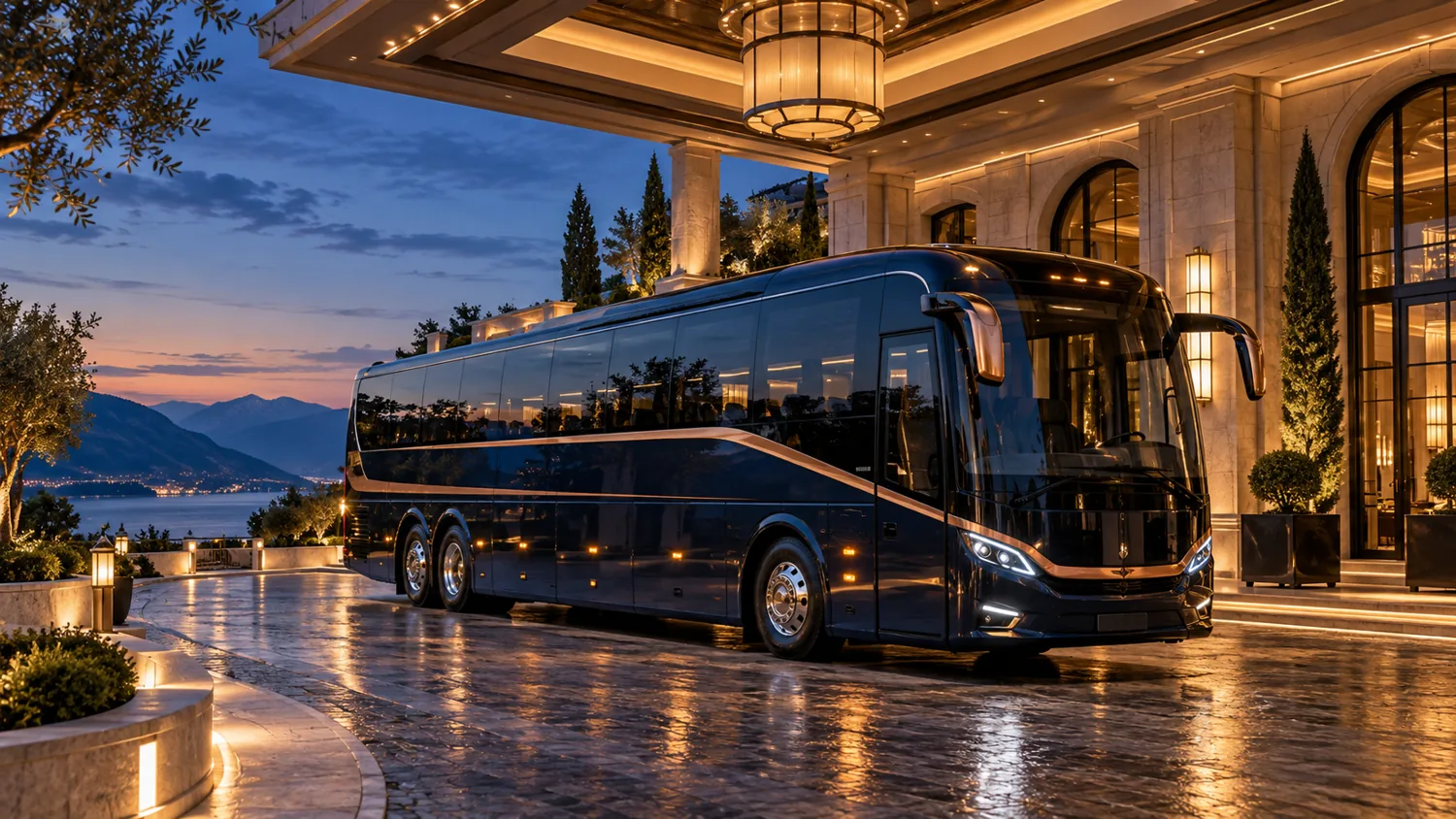 Illustrative luxury executive coach at a hotel entrance