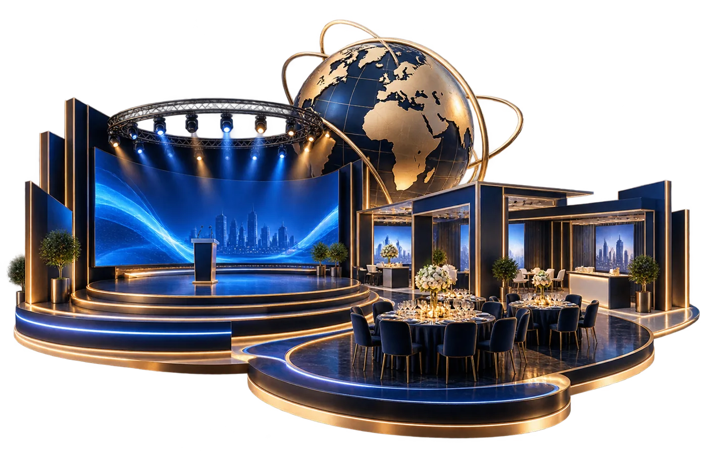 Illustrative 3D environment combining a stage, exhibition and event space
